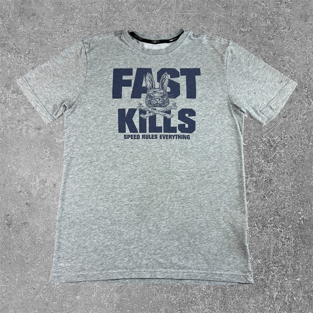 Nike Running Fast Kills Rabbit T-Shirt Mens Medium Grey Dri-FIT Graphic Gym Tee